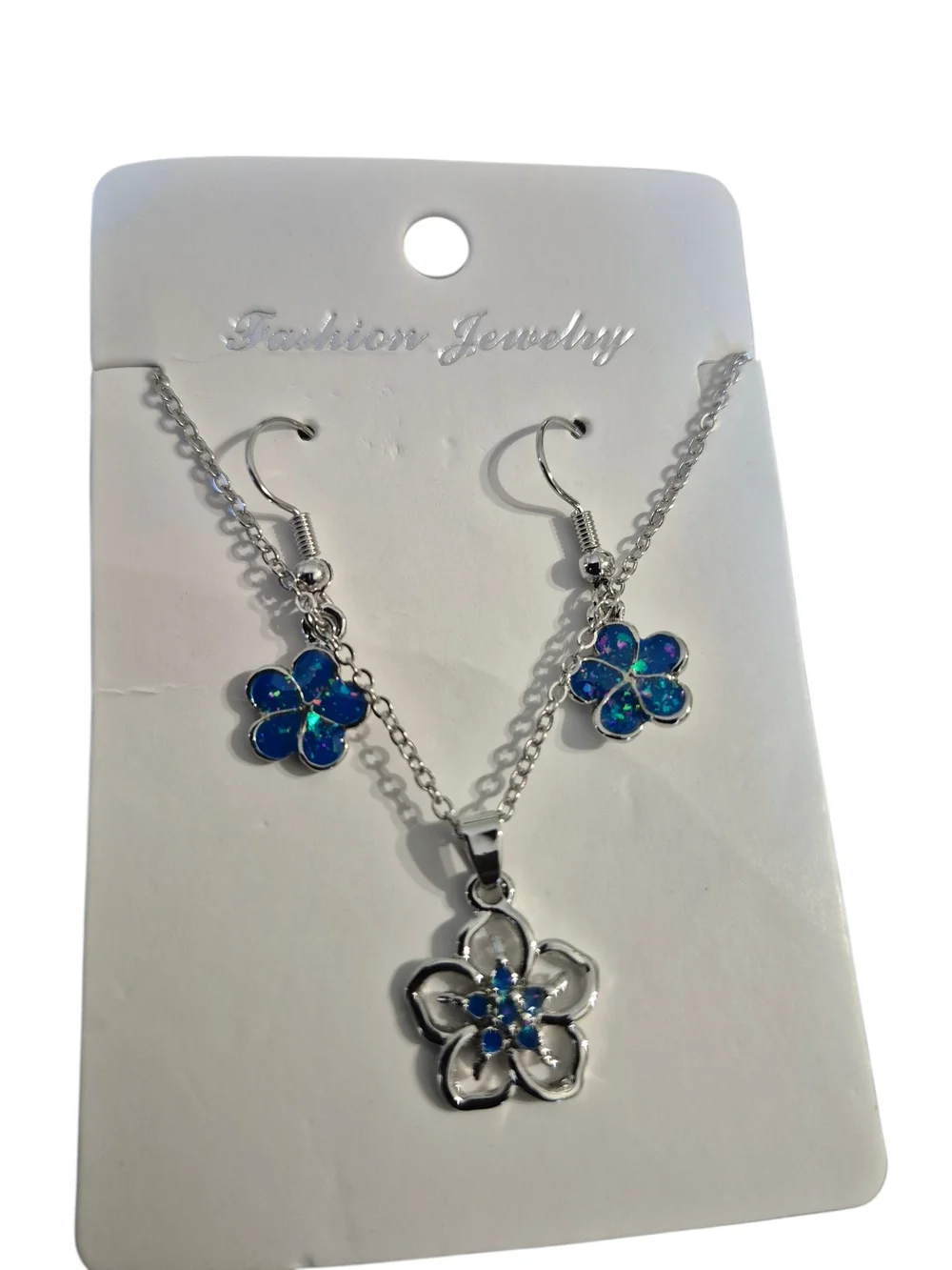 Fashion Jewelry‎ Silver Floral Necklace and Blue Flower Earrings Set
